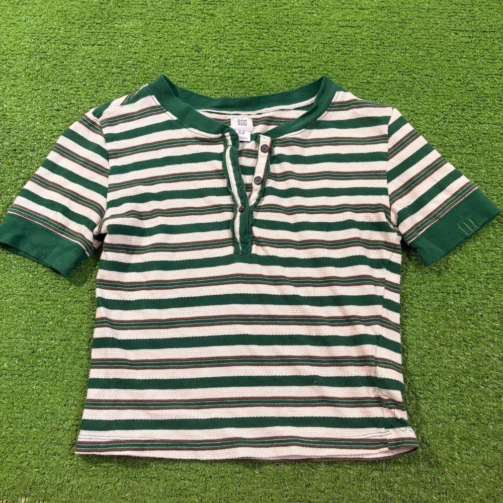 BDG Striped Baby Tee Womens Sz S Green Buttons 100% Cotton